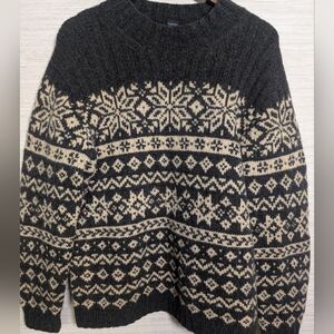 Lands End 100% Lambswool Sweater Fair Isle Snowflake Charcoal Grey Cream Large
